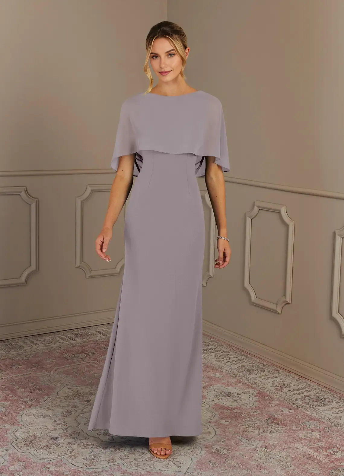 Glamorous Sheath Boat-Neck Cape-Sleeve Ruffles Back Back Zip Floor-Length Mother of the Bride Dress for female guests Hot Sale