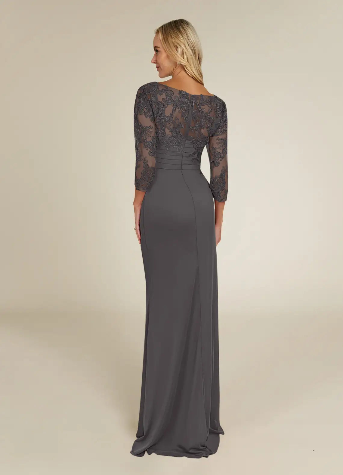 Glamorous Sheath Boat-Neck Three-Quarter-Sleeve Lace Ruched Illusion Back Zip Floor-Length Mother of the Bride Dress for female guests Hot Sale