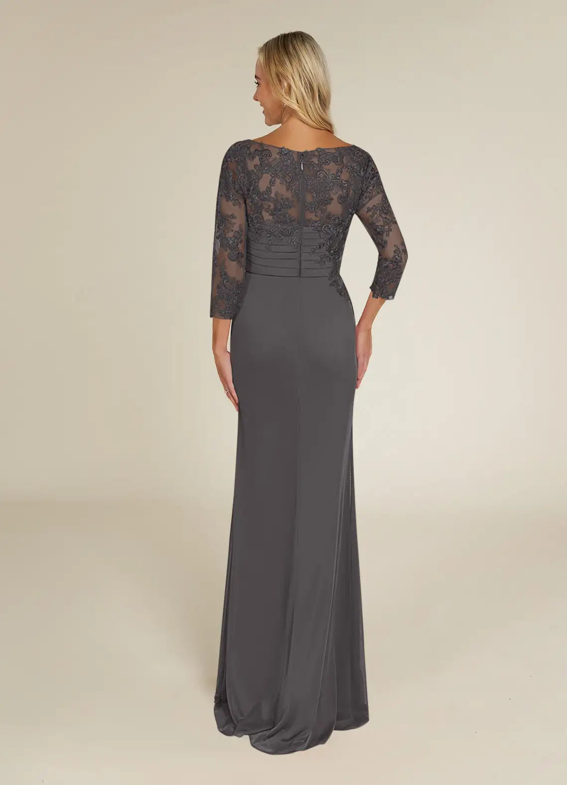 Glamorous Sheath Boat-Neck Three-Quarter-Sleeve Lace Ruched Illusion Back Zip Floor-Length Mother of the Bride Dress for female guests Hot Sale