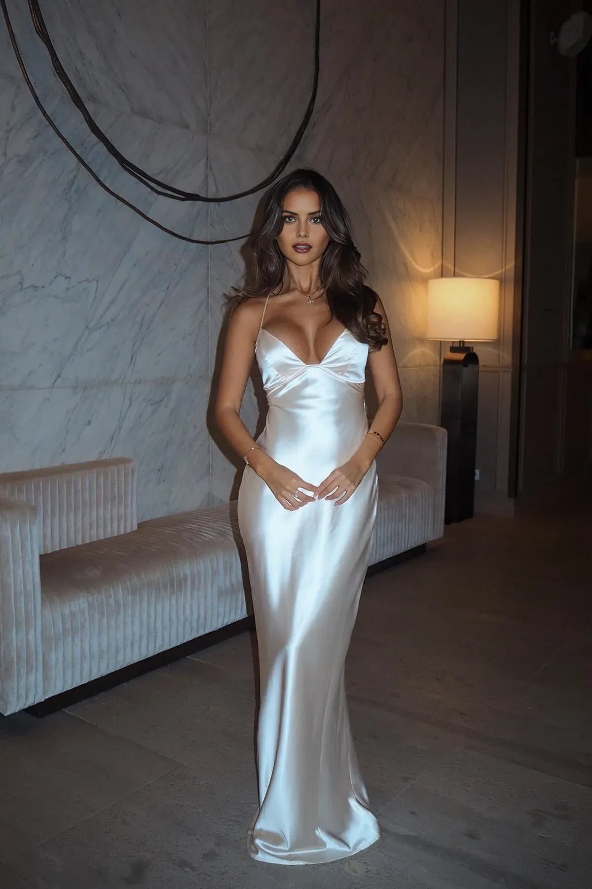 Glamorous Sheath Deep V-Neck Spaghetti-Strap Lace-Up Back Floor-Length Prom Dresses hot sale