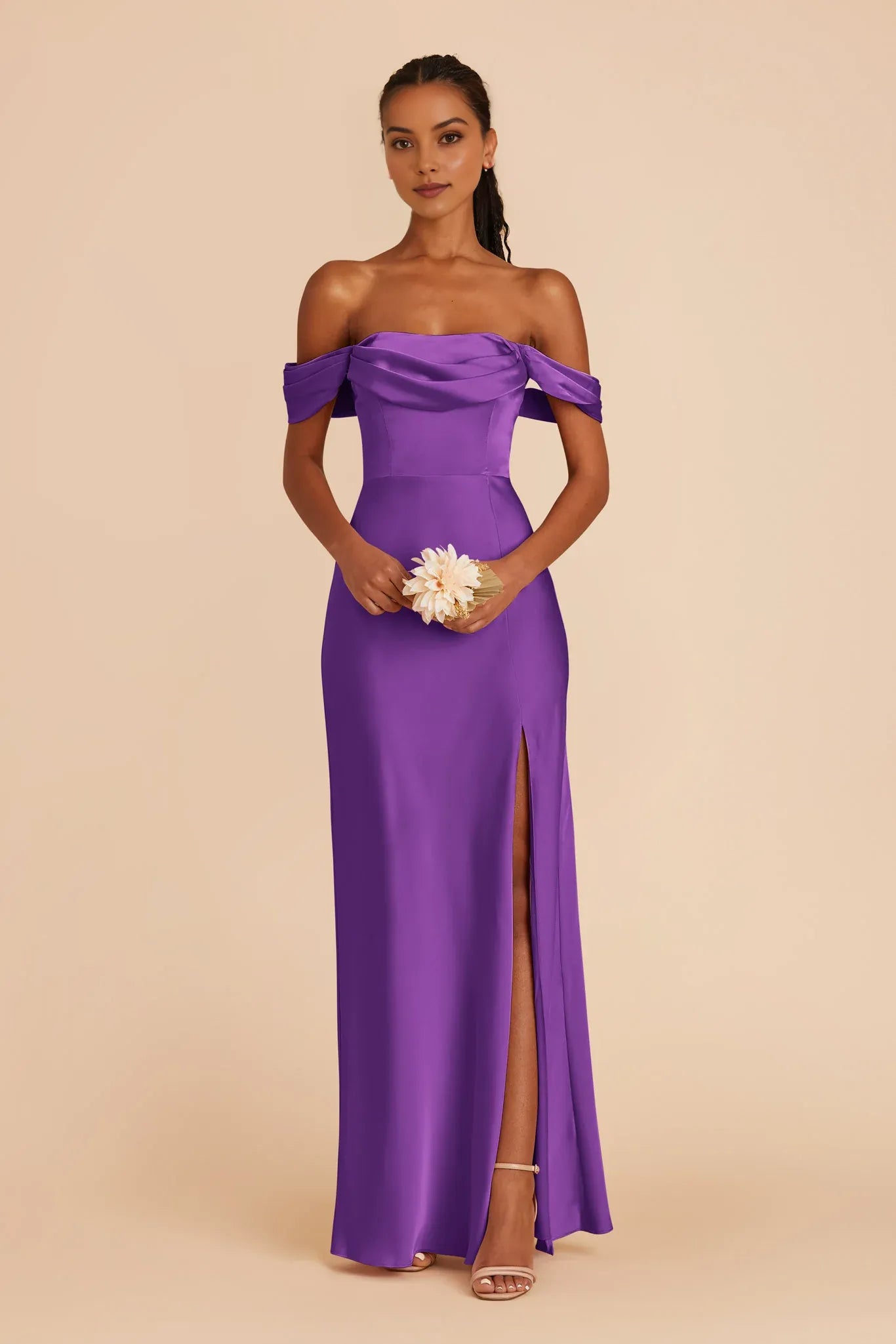 Glamorous Sheath Off-Shoulder Short-Sleeve Open-Back Back Zip Floor-Length Prom Dresses with Side Leg Slit