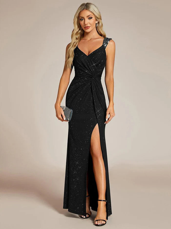 Glamorous Sheath Sequin Deep V-Neck Sleeveless Back Zip Floor-Length High Slit Prom Dress