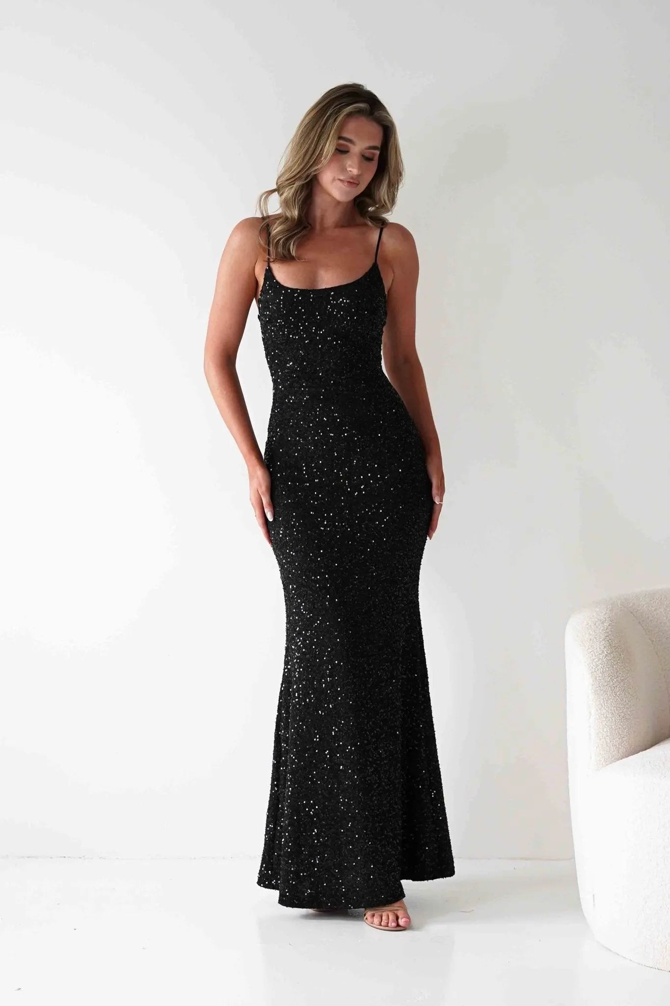 Glamorous Sheath Square-Neck Spaghetti-Strap Sequin-Bodice Floor-Length Formal Prom Dresses