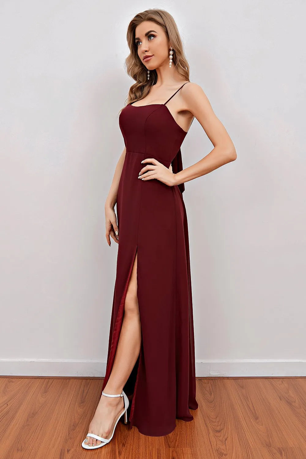 Glamorous Sheath Square Neck Spaghetti-Sleeve Bow Back Long Bridesmaid Dresses
