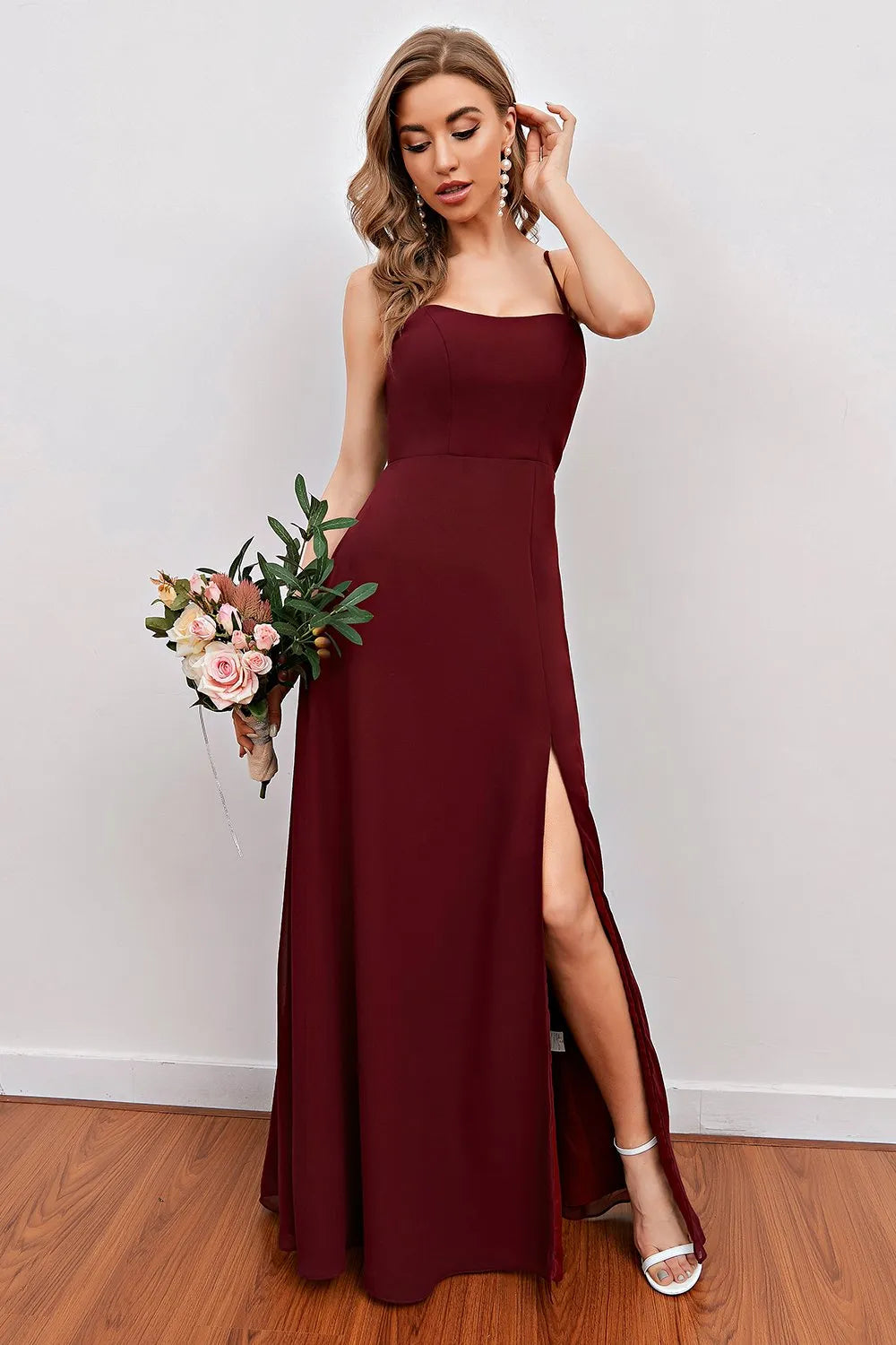 Glamorous Sheath Square Neck Spaghetti-Sleeve Bow Back Long Bridesmaid Dresses