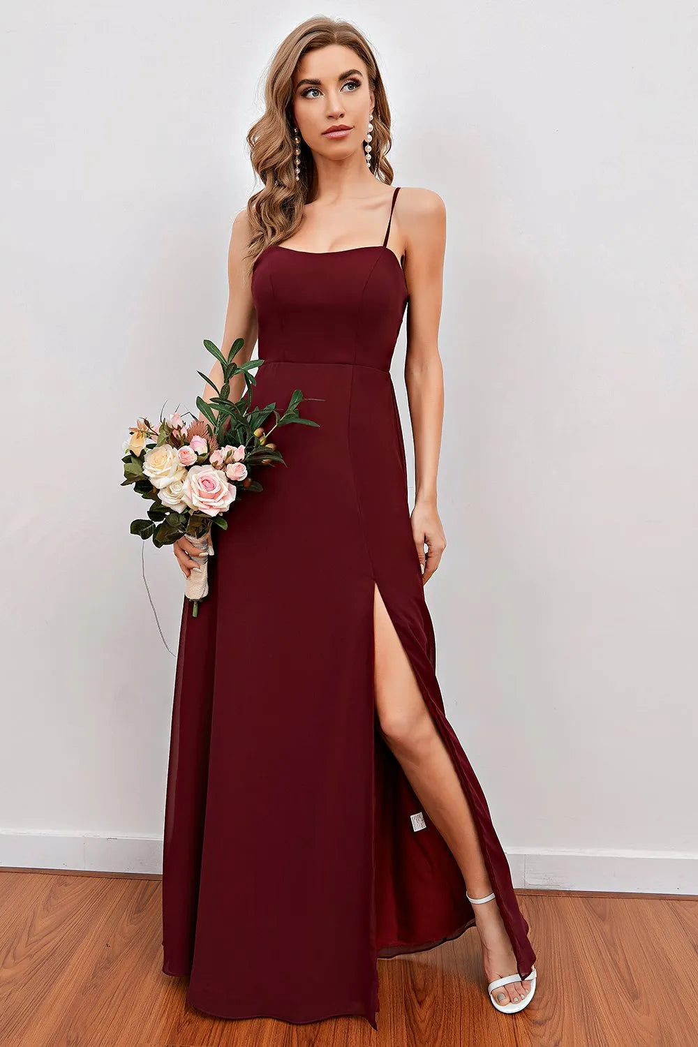 Glamorous Sheath Square Neck Spaghetti-Sleeve Bow Back Long Bridesmaid Dresses