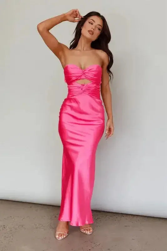 Glamorous Sheath Strapless Sleeveless Lace-Up Back Cutout Floor-Length Formal Prom Dresses