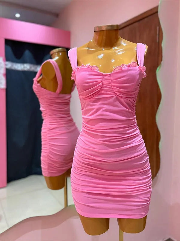 Glamorous Sheath Sweetheart Neck Spaghetti Strap Ruched Mini Homecoming Dresses