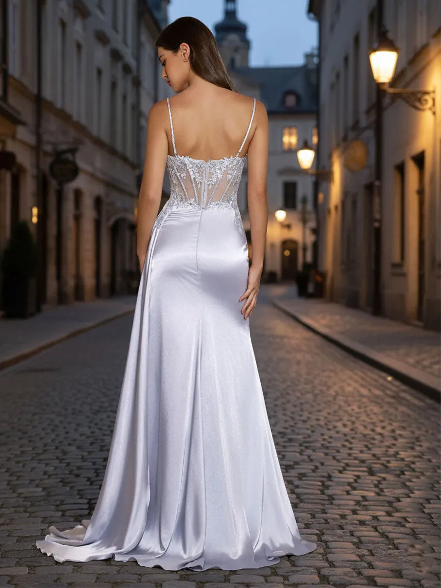 Glamorous Sheath Sweetheart Spaghetti Strap Illusion Back Floor-Length Prom Dresses