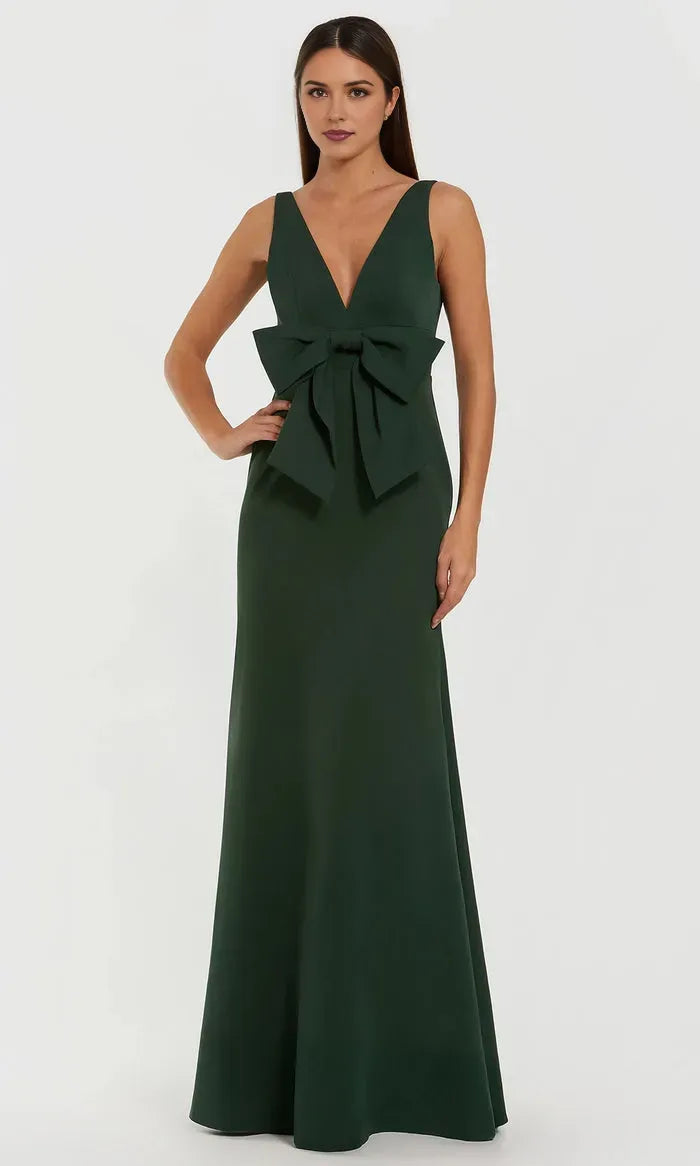 Glamorous Sheath V-Neck Sleeveless Crepe Zip-Back Floor-Length Mother of the Bride Dress with Front Bow