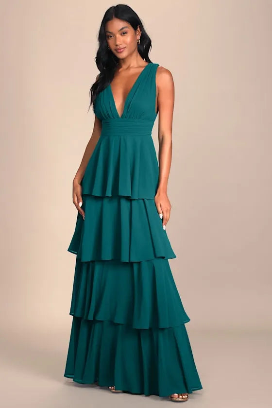 Glamorous Tiered Ballgown Deep V Sleeveless Open Back Floor Length Formal Prom Dresses