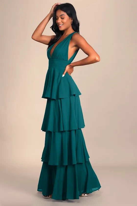 Glamorous Tiered Ballgown Deep V Sleeveless Open Back Floor Length Formal Prom Dresses