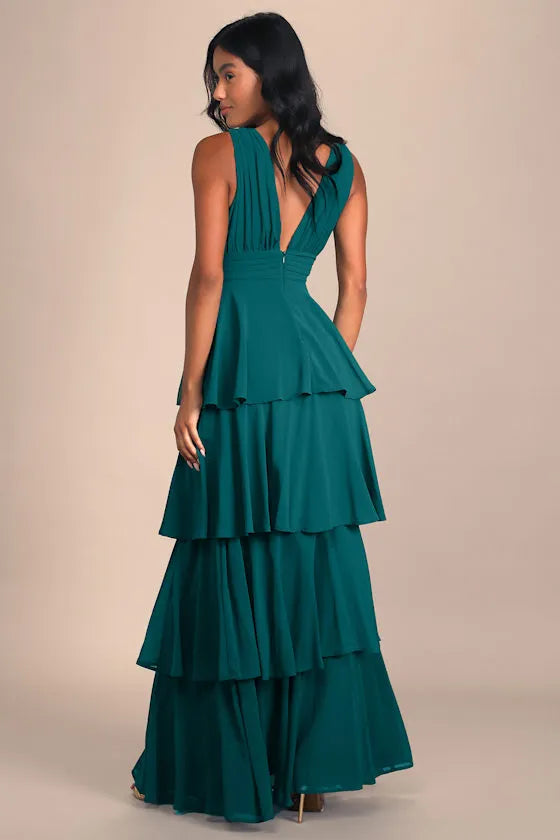 Glamorous Tiered Ballgown Deep V Sleeveless Open Back Floor Length Formal Prom Dresses