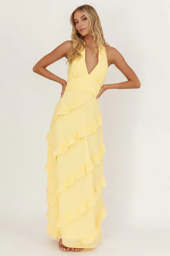 Glamorous Tiered Halter Neck Sleeveless Ruffle Trim Tie-Back Side Zipper Ankle-Length Prom Dresses