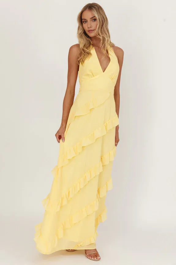 Glamorous Tiered Halter Neck Sleeveless Ruffle Trim Tie-Back Side Zipper Ankle-Length Prom Dresses