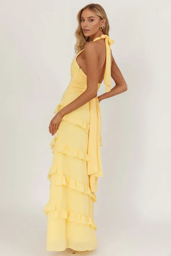 Glamorous Tiered Halter Neck Sleeveless Ruffle Trim Tie-Back Side Zipper Ankle-Length Prom Dresses