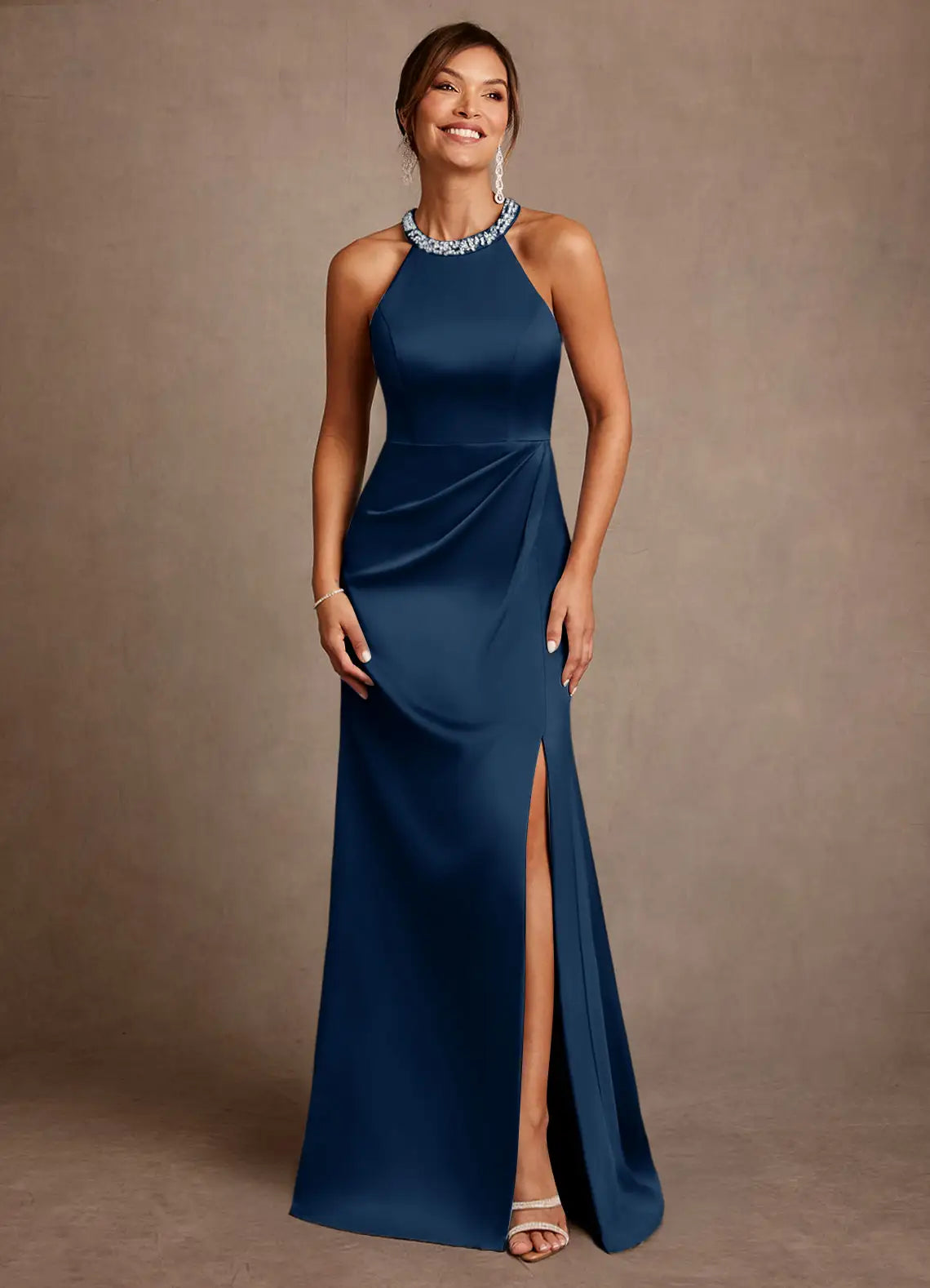 Glamorous Trumpet Halter Sleeveless Open Back Floor-Length Mother of the Bride Dress