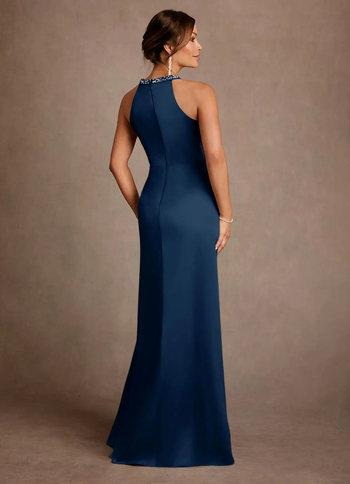 Glamorous Trumpet Halter Sleeveless Open Back Floor-Length Mother of the Bride Dress