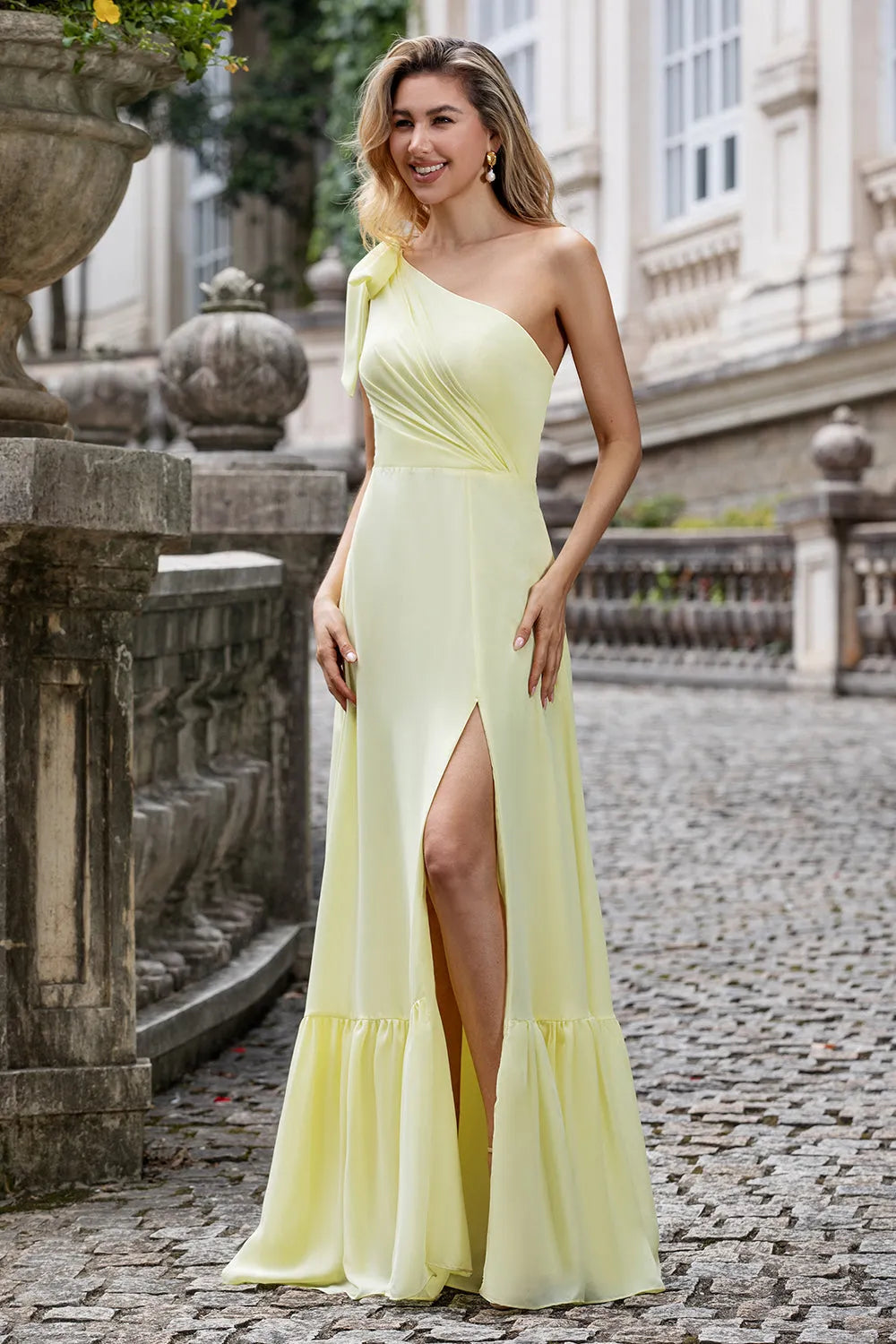 Glamorous Trumpet One-Shoulder Bow-Sleeve Zip Back Long Bridesmaid Dresses