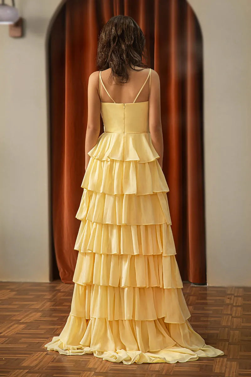 Glamorous Yellow A-Line V-Neck Sleeveless Tiered-Ruffled High-Slit Floor-Length Prom Dress for women Hot Sale