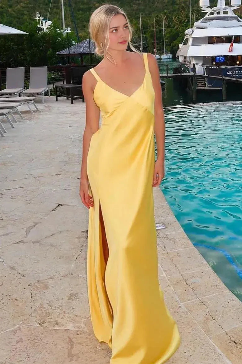 Glamorous Yellow A-Line V-Neck Spaghetti Strap Open Back Side Slit Floor-Length Prom Dresses Hot Sale