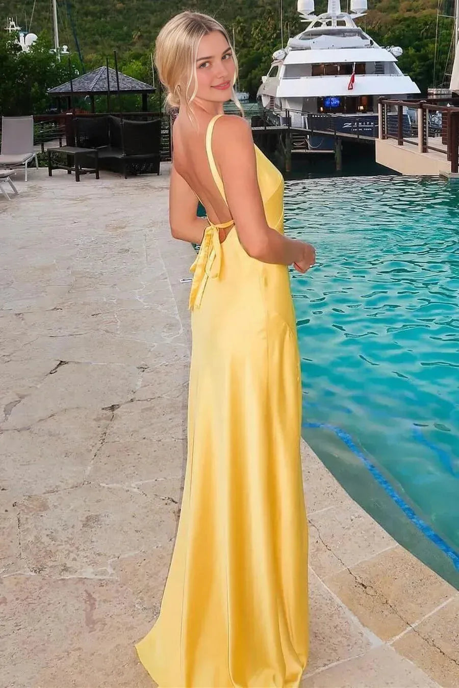 Glamorous Yellow A-Line V-Neck Spaghetti Strap Open Back Side Slit Floor-Length Prom Dresses Hot Sale