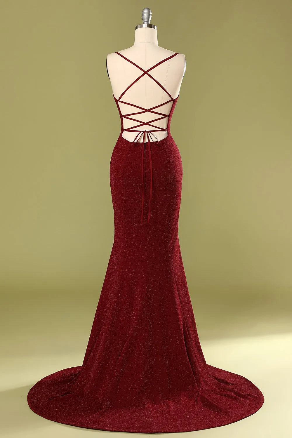 Glamorous Mermaid Deep V Spaghetti Strap Lace-Up Back Floor-Length Evening Dresses