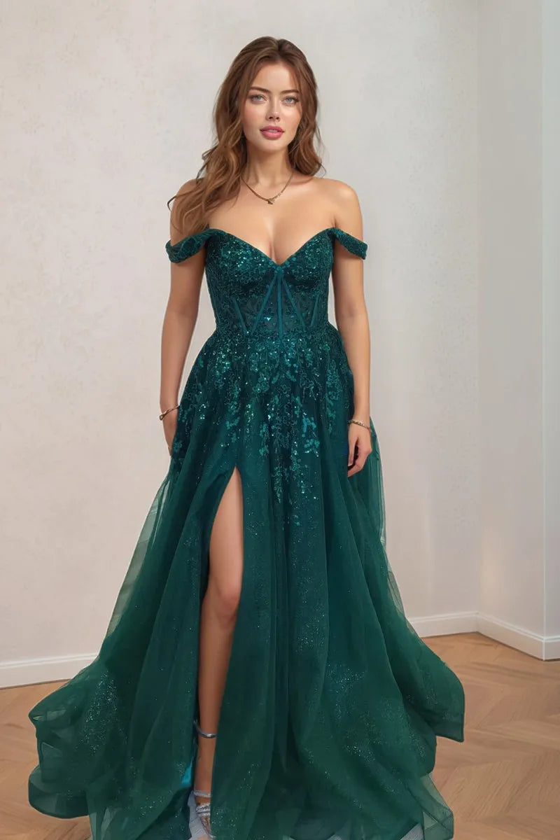 Glimmering A-Line Deep-V-Neck Off-the-Shoulder Sequin-Embellished Lace-Up-Back Floor-Length Prom Dress