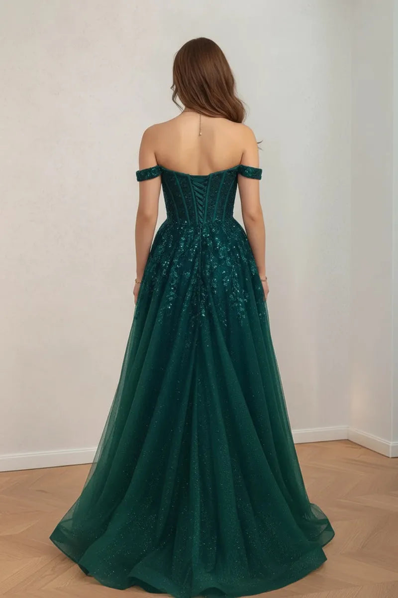 Glimmering A-Line Deep-V-Neck Off-the-Shoulder Sequin-Embellished Lace-Up-Back Floor-Length Prom Dress