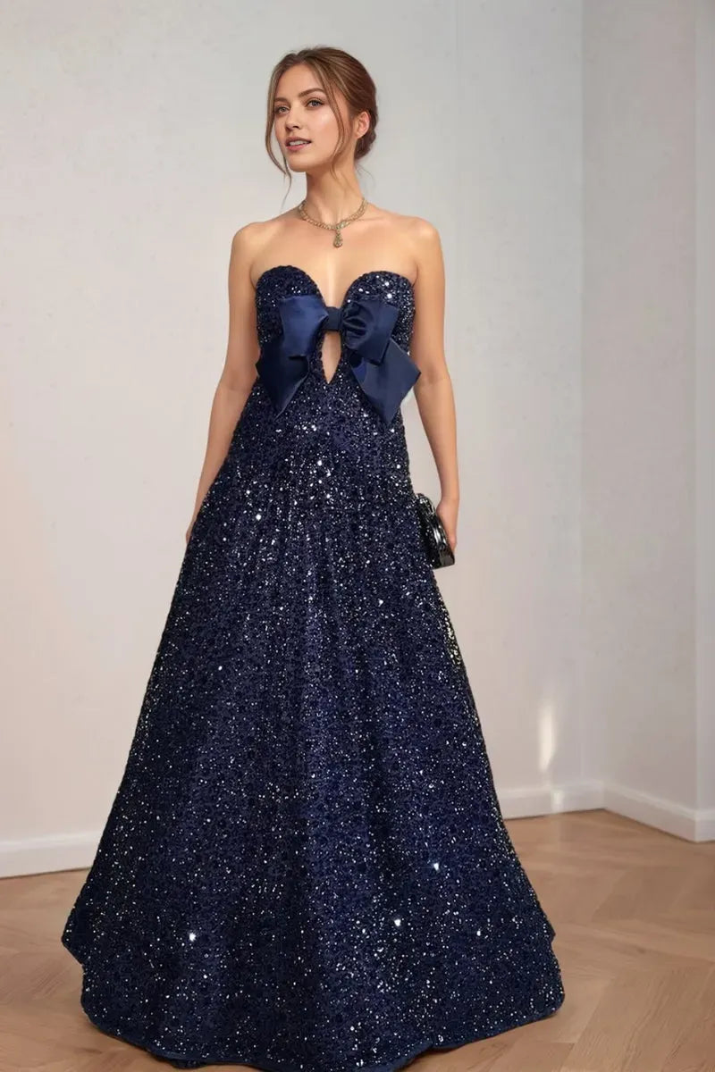 Glimmering Navy A-Line Sweetheart Strapless Back Zip Floor-Length Sequin Prom Dress with Cut-Out Bow