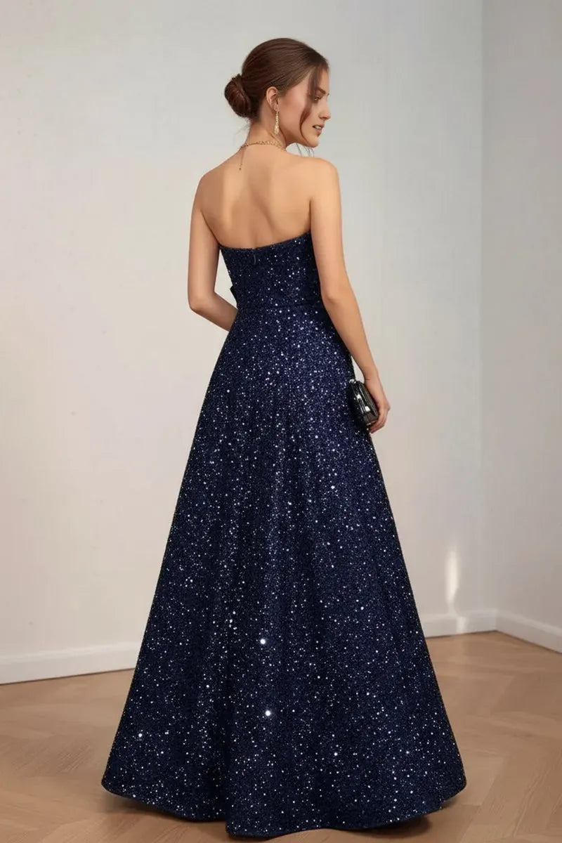 Glimmering Navy A-Line Sweetheart Strapless Back Zip Floor-Length Sequin Prom Dress with Cut-Out Bow