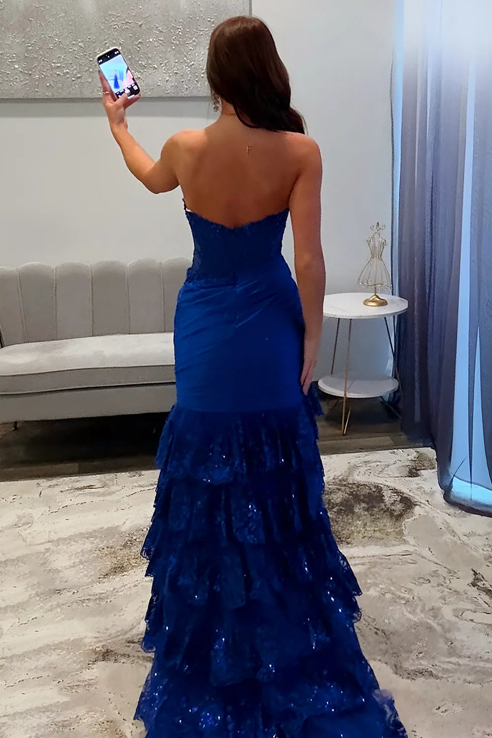 Glitter Mermaid Sweetheart Neck Strapless Tiered Sequin Open-Back Back Zip Floor-Length Prom Dress