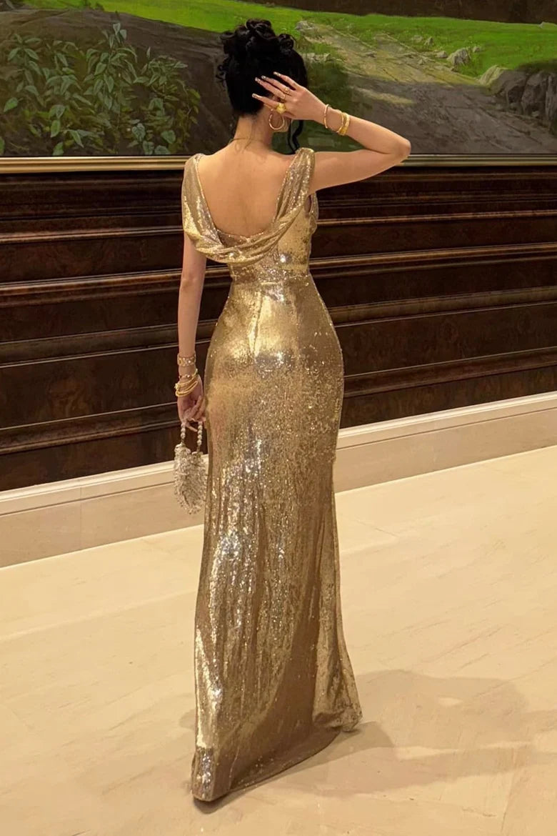 Gold Sequin Off-the-Shoulder Ruched Mermaid Maxi Dress with High Slit & Cowl Back
