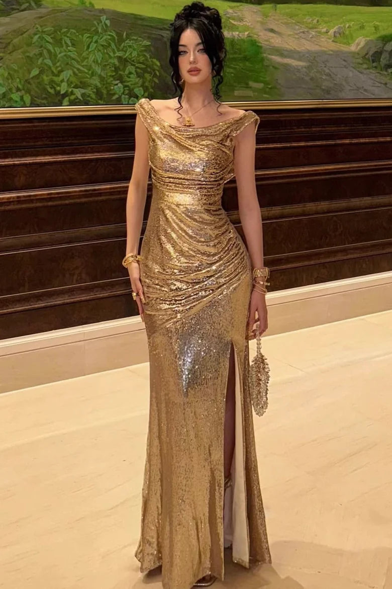 Gold Sequin Off-the-Shoulder Ruched Mermaid Maxi Dress with High Slit & Cowl Back