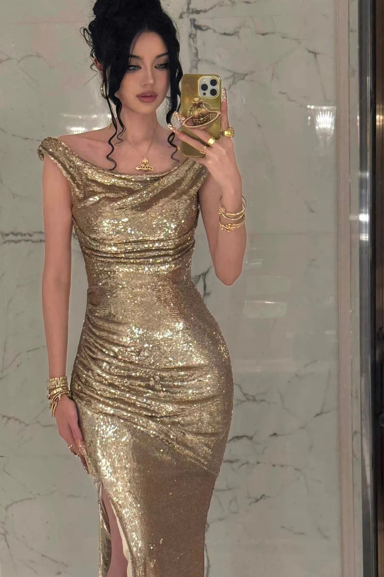 Gold Sequin Off-the-Shoulder Ruched Mermaid Maxi Dress with High Slit & Cowl Back