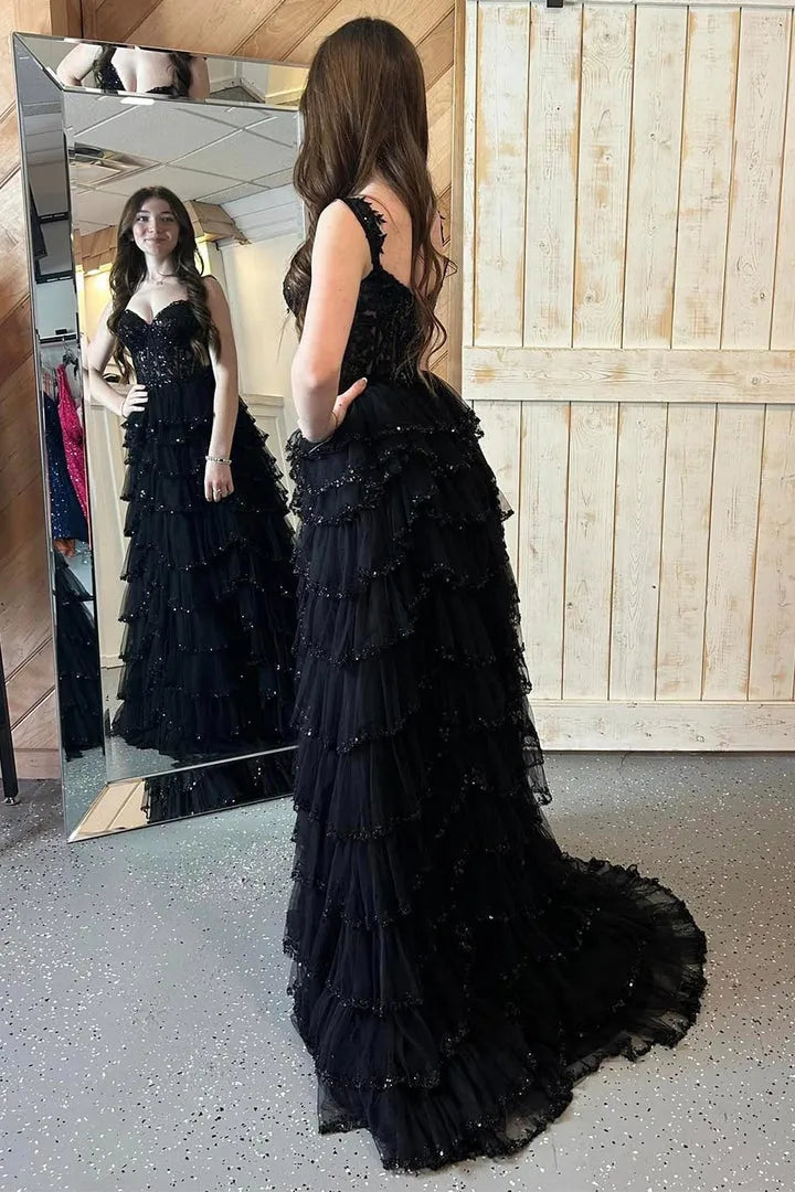 Gorgeous A -Line Sweetheart Neck Sleeveless Ruffle Tulle Sequin Lace -Up Floor-Length Slit Corset Prom Dress Hot Sale