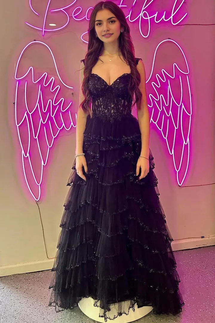 Gorgeous A -Line Sweetheart Neck Sleeveless Ruffle Tulle Sequin Lace -Up Floor-Length Slit Corset Prom Dress Hot Sale