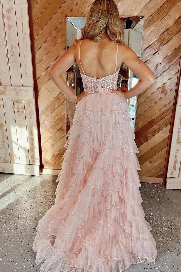 Gorgeous A -Line Sweetheart Neck Sleeveless Ruffle Tulle Sequin Lace -Up Floor-Length Slit Corset Prom Dress Hot Sale