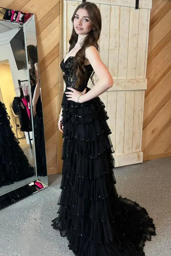 Gorgeous A -Line Sweetheart Neck Sleeveless Ruffle Tulle Sequin Lace -Up Floor-Length Slit Corset Prom Dress Hot Sale
