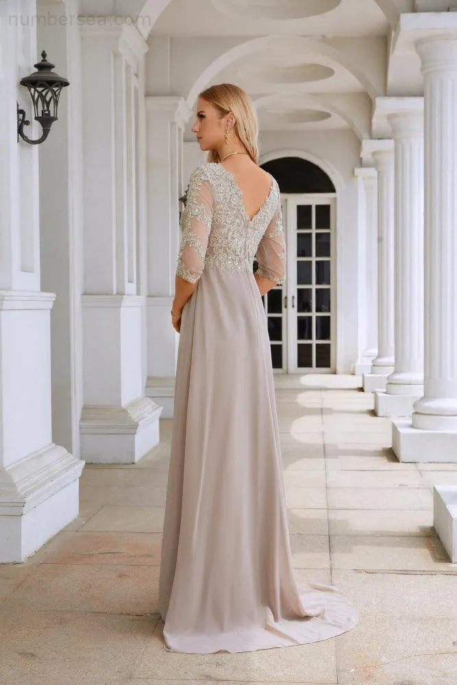Gorgeous A-Line V-Neck Embellished Sleeve V-Back Train Floor-Length Mother Of The Bride Dresses