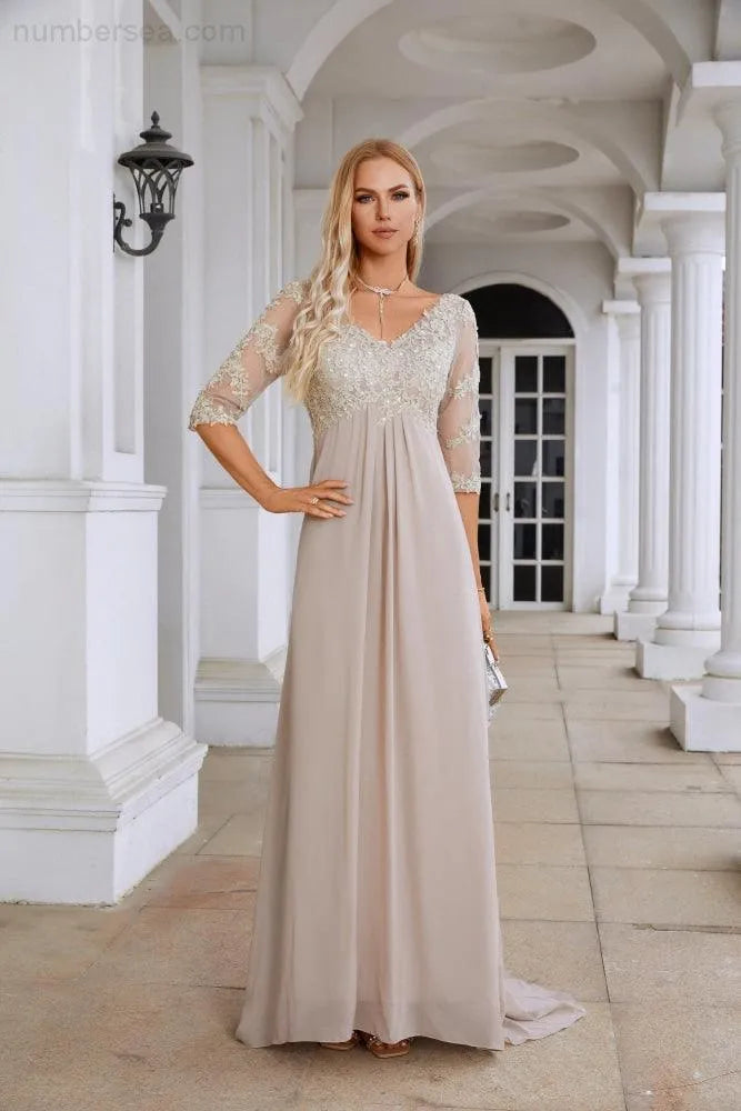 Gorgeous A-Line V-Neck Embellished Sleeve V-Back Train Floor-Length Mother Of The Bride Dresses