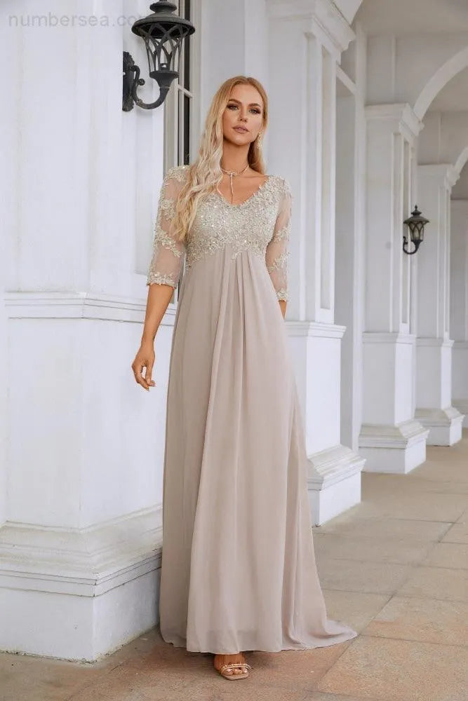 Gorgeous A-Line V-Neck Embellished Sleeve V-Back Train Floor-Length Mother Of The Bride Dresses