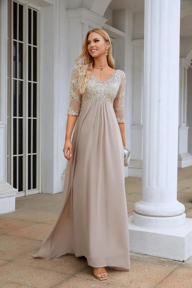 Gorgeous A-Line V-Neck Embellished Sleeve V-Back Train Floor-Length Mother Of The Bride Dresses