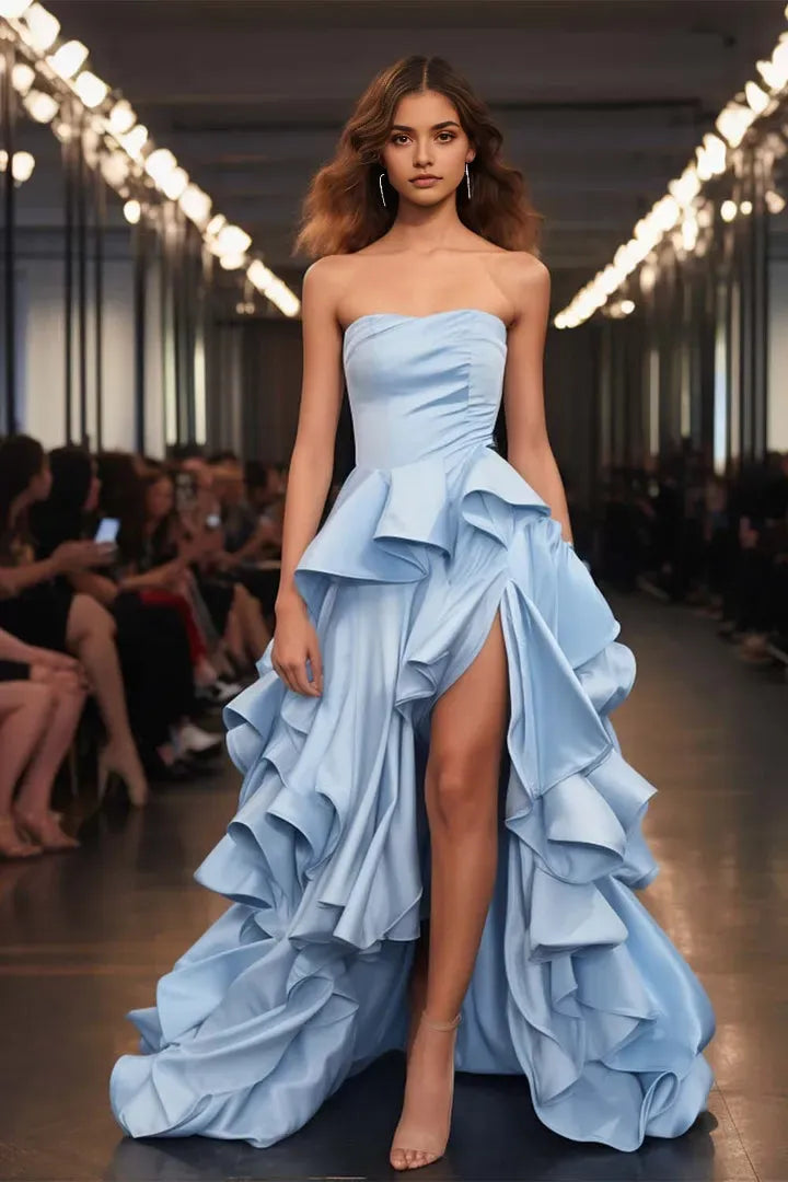 Gorgeous Blue A-Line Satin Strapless Sleeveless Ruffle Open-Back Lace Up Floor - Length Prom Dress with Slit