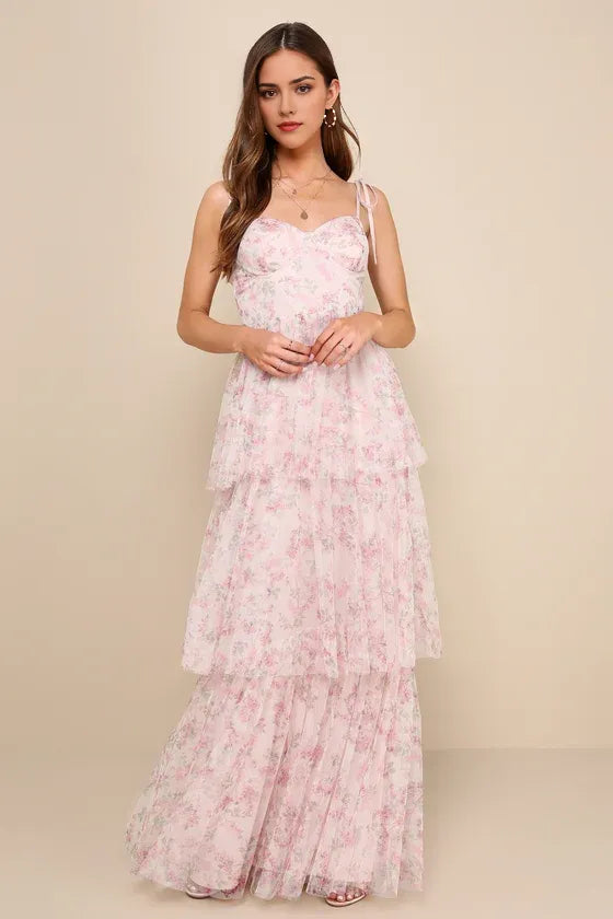 Gorgeous Blush A-Line Sweetheart Neck Tie-Strap Back Zip Floor-Length Floral Tulle Prom Dresses