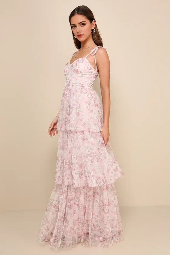 Gorgeous Blush A-Line Sweetheart Neck Tie-Strap Back Zip Floor-Length Floral Tulle Prom Dresses