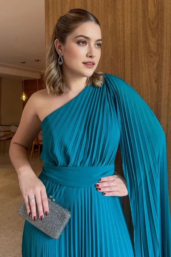 Gorgeous Chiffon A -Line One-Shoulder Asymmetric Sleeve Pleated Open Back Floor- Length Prom Dress ready to ship