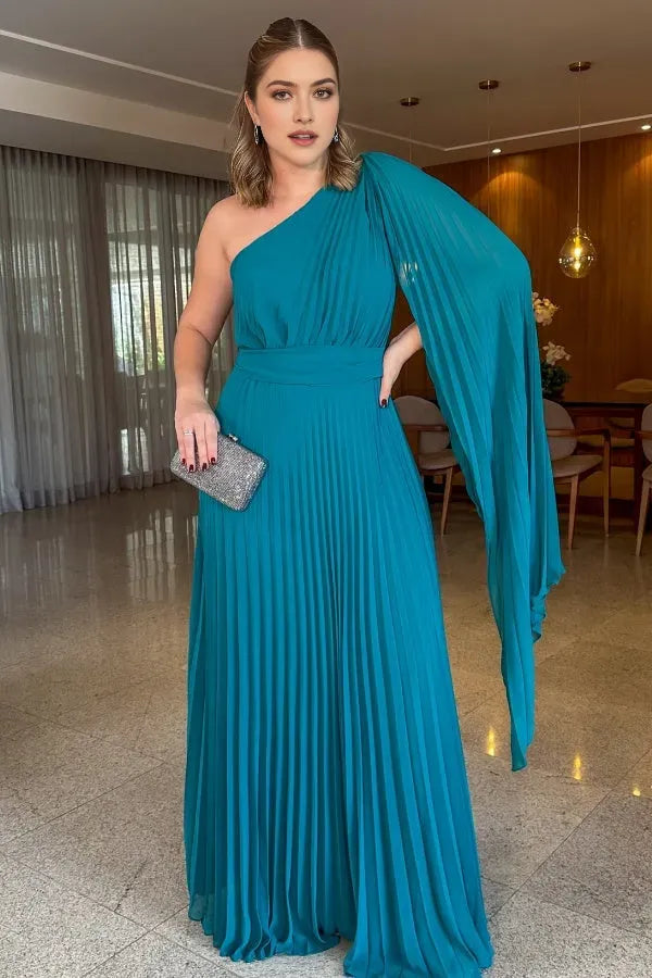 Gorgeous Chiffon A -Line One-Shoulder Asymmetric Sleeve Pleated Open Back Floor- Length Prom Dress ready to ship