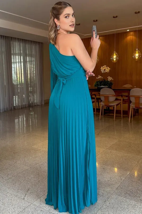 Gorgeous Chiffon A -Line One-Shoulder Asymmetric Sleeve Pleated Open Back Floor- Length Prom Dress ready to ship