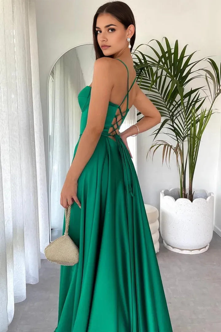 Gorgeous Green A -Line Sweetheart Neck Sleeveless Corset Lace -Up Floor - Length Side Slit Satin Prom Dress
